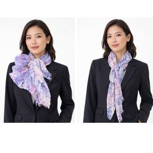 LOFT Purple Abstract Floral Watercolor Sheer Scarf Fringe Boho Chic 98-26